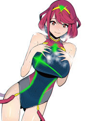 Rule 34 | 1girl, absurdres, blush, breasts, competition swimsuit, cowboy shot, groin, hands on own chest, highres, looking at viewer, nintendo, one-piece swimsuit, pyra (xenoblade), red eyes, red hair, smile, solo, steam, sweat, swimsuit, xenoblade chronicles (series), xenoblade chronicles 2, xenoblade chronicles (series), xenoblade chronicles 2