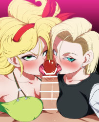 Rule 34 | 1boy, 2girls, android 18, bar censor, blonde hair, blue eyes, breasts, censored, cleavage, commission, cooperative fellatio, dragon ball, dragon ball (classic), dragonball z, earrings, fellatio, green eyes, hair ornament, hetero, jewelry, large breasts, licking, licking penis, long hair, looking at viewer, lunch (bad) (dragon ball), lunch (dragon ball), multiple girls, open mouth, oral, penis, pov, rom (20), shirt, skeb commission, tongue, tongue out