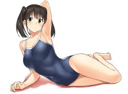 Rule 34 | 1girl, arm behind head, armpits, barefoot, blue one-piece swimsuit, breasts, brown hair, collarbone, commentary request, competition school swimsuit, covered navel, full body, green eyes, hatakenaka (kamagabuchi), highres, legs, lying, medium breasts, one-piece swimsuit, original, school swimsuit, short hair, simple background, solo, swimsuit, thighs, twintails, white background