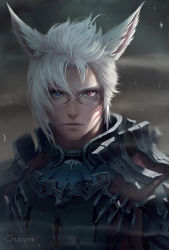 Rule 34 | 1boy, armor, artist name, blue eyes, chuby mi, closed mouth, facial mark, final fantasy, final fantasy xiv, hair between eyes, heterochromia, highres, looking at viewer, male focus, miqo&#039;te, realistic, red eyes, serious, slit pupils, solo, white hair