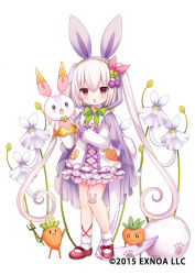Rule 34 | 1girl, animal ears, blush, bobby socks, bow, cape, commentary request, copyright notice, dress, flower, flower knight girl, full body, grey cape, hair between eyes, hairband, hand puppet, long hair, long sleeves, looking at viewer, name connection, object namesake, official art, parted lips, pointing, puppet, purple hairband, rabbit ears, red bow, red eyes, red footwear, shiodome oji, shoes, simple background, sleeves past wrists, socks, solo, standing, twintails, usagigoke (flower knight girl), very long hair, white background, white dress, white flower, white hair, white socks