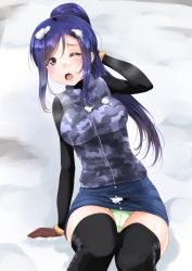 Rule 34 | 1girl, black thighhighs, blue hair, breasts, brown hair, camouflage, frapowa, green panties, large breasts, love live!, love live! school idol festival, love live! school idol project, matsuura kanan, open mouth, panties, pantyshot, sitting, snow, solo, thighhighs, thighs, underwear, vest