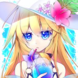 Rule 34 | 1girl, blonde hair, blue eyes, drink, drinking straw, flower, hat, hat flower, holding, ice, ice cube, kawasaki toiro, long hair, looking at viewer, o-ring, o-ring top, original, portrait, solo