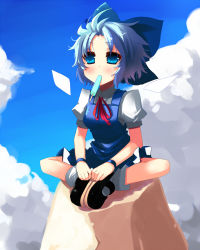 Rule 34 | 1girl, blue eyes, blue hair, blush, bow, cirno, cloud, day, female focus, food, hair bow, mary janes, matching hair/eyes, outdoors, popsicle, ribbon, shin (new), shoes, short hair, sitting, sky, solo, embodiment of scarlet devil, touhou, wings