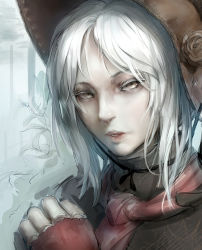 Rule 34 | 1girl, bloodborne, bonnet, doll joints, face, gradient background, highres, joints, kunaboto, looking at viewer, parted lips, plain doll, realistic, solo, white hair