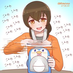 Rule 34 | 1girl, bird, bowl, brown hair, commentary request, dated, food, ice shaver, jacket, kantai collection, long hair, long sleeves, mitchell (dynxcb25), motion blur, open mouth, orange eyes, orange jacket, penguin, shaved ice, smile, solo, souya (kancolle), themed object, twitter username