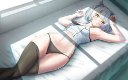 Rule 34 | 1girl, absurdres, animal ears, armpits, arms up, bed, black panties, black pantyhose, breasts, cat ears, chest jewel, cleavage, clothes pull, crossed legs, grey hair, highres, looking at viewer, lying, mio (xenoblade), navel, on back, panties, pantyhose, pantyhose pull, sakunaru, short hair, solo, stomach, sunlight, underwear, window, xenoblade chronicles (series), xenoblade chronicles 3, yellow eyes