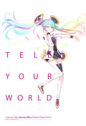 Rule 34 | 1girl, boots, character name, copyright name, dress, eskimofox, floating hair, green eyes, green hair, hatsune miku, highres, long hair, matching hair/eyes, outstretched arm, project diva (series), project diva f, simple background, solo, tell your world (vocaloid), thigh boots, thighhighs, twintails, very long hair, vocaloid, white background