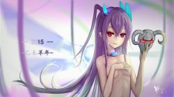 Rule 34 | 1girl, 2015, breasts, collar, covering privates, covering breasts, highres, long hair, mask, unworn mask, nude, original, purple hair, red eyes, small breasts, solo, wangchuan de quanyan