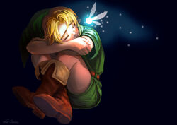 Rule 34 | 1boy, black background, blonde hair, boots, brown footwear, closed eyes, commentary, crying, english commentary, fairy, green headwear, green tunic, highres, knees up, la-sera, link, male focus, navi, nintendo, parted lips, pointy ears, signature, sitting, solo, the legend of zelda, the legend of zelda: ocarina of time, young link