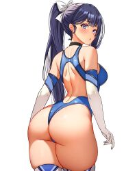 1girl ass ass_focus back_cutout bare_shoulders black_choker black_hair blue_eyes blue_one-piece_swimsuit blush bow breasts cetta_(cettadvd) choker clothing_cutout commentary elbow_gloves from_behind gloves hair_bow hair_ribbon highres large_breasts long_hair natalia_dominique one-piece_swimsuit original ponytail ribbon second-party_source solo standing swimsuit thighs white_bow white_gloves white_ribbon