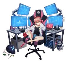 Rule 34 | 1girl, absurdres, aged down, ahoge, alpha transparency, barefoot, bobblehead, brand name imitation, cat, cd, chair, charging device, coca-cola, collarbone, computer, counter:side, crying cat (meme), emoji, english text, flash drive, flat chest, fragile symbol, gaming chair, green eyes, hand on own chin, headphones, helmet, highres, laptop, looking at viewer, meme, monitor, nail polish, official art, pink hair, pink nails, red-framed eyewear, router, screwdriver, sitting, stylus, swivel chair, sylvia lena cooper, thinking emoji, transparent background