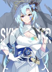 Rule 34 | 1girl, aged up, blue hair, breasts, earrings, english text, gloves, griseo, griseo (cosmic expression), hand on own hip, highres, honkai (series), honkai impact 3rd, jewelry, large breasts, light blue hair, looking at viewer, paint, paintbrush, smile, solo, sparks summer, star wars, white gloves