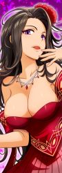 Rule 34 | 10s, 1girl, bare shoulders, breasts, brown hair, cleavage, hair ornament, idolmaster, idolmaster cinderella girls, jewelry, large breasts, long image, necklace, purple eyes, shinmai (kyata), solo, takahashi reiko, tall image