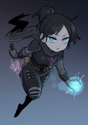 Rule 34 | 1girl, absurdres, animification, apex legends, black bodysuit, black hair, black scarf, blue eyes, bodysuit, breasts, chibi, electricity, floating scarf, hair bun, highres, holding, holding knife, knife, kunai, medium breasts, open hand, open mouth, scarf, shiromanta, single hair bun, solo, v-shaped eyebrows, weapon, wraith (apex legends)