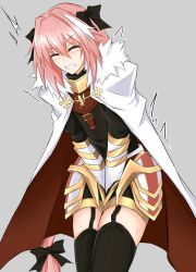 Rule 34 | 1boy, astolfo (fate), ball busting, bdsm, black bow, bow, braid, cape, cbt, clenched teeth, closed eyes, commentary request, fang, fate/apocrypha, fate/grand order, fate (series), garter straps, hair bow, male focus, pink hair, solo, tears, teeth, thighhighs, thighs, trap, watarase piro, white cape