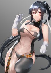 Rule 34 | 1girl, alternate costume, black hair, black thighhighs, blush, breasts, china dress, chinese clothes, cleavage, closed mouth, dress, gloves, grey background, hair between eyes, highres, kantai collection, large breasts, long hair, red eyes, see-through, see-through dress, single thighhigh, solo, thighhighs, very long hair, white gloves, yahagi (kancolle), z (knkr1025)