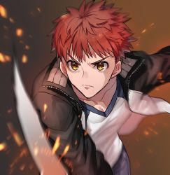 Rule 34 | emiya shirou, fate/stay night, fate (series), highres, holding, holding sword, holding weapon, jacket, kameko227, kanshou &amp; bakuya (fate), male focus, open clothes, open jacket, red hair, solo, sword, v-shaped eyebrows, weapon, yellow eyes