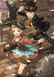Rule 34 | 1girl, 2boys, black footwear, black legwear, black pants, bow, brick, brown dress, brown eyes, brown hair, child, confetti, dress, formal, goggles, goggles on headwear, grey hair, hair ornament, hand on headwear, hat, hat bow, high heels, highres, matsumura (30003), multiple boys, open mouth, original, outdoors, outstretched hand, pants, purple dress, rail, railing, running, shoes, suitcase, top hat