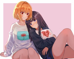 Rule 34 | 2girls, black hair, blonde hair, blush, bob cut, breasts, commentary request, cuddling, floral print, flower, hair intakes, inoue takina, long hair, long sleeves, looking at another, lycoris recoil, milktea (gggrrr2000), multiple girls, nishikigi chisato, purple eyes, red eyes, short hair, simple background, smile, spider lily, spider lily print, tareme, yes, yes-no pillow, yuri