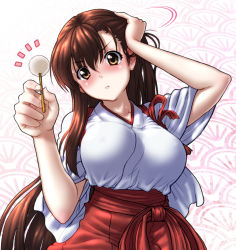 Rule 34 | 10s, 1girl, akagi (kancolle), blush, breasts, brown eyes, brown hair, covered erect nipples, highres, japanese clothes, kantai collection, kezune (i- -i), large breasts, long hair, looking at viewer, mimikaki, simple background, solo