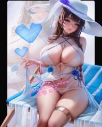 Rule 34 | 1girl, bare shoulders, bikini, blue flower, braid, breasts, brown hair, cleavage, closed mouth, flower, goddess of victory: nikke, hat, hat flower, heart, heart-shaped pupils, highres, huge breasts, large hat, lirenya, long hair, mary (bay goddess) (nikke), mary (nikke), official alternate costume, patreon username, purple eyes, signature, smile, solo, sun hat, swimsuit, swimsuit cover-up, symbol-shaped pupils, thighlet, unusually open eyes, white bikini, white hat, zoom layer