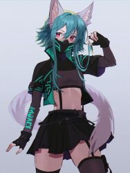 Rule 34 | 1girl, animal ears, artist request, belt, breasts, fingerless gloves, garter straps, gloves, green hair, grey background, jacket, long hair, mask, navel, neonpurrs, pink eyes, skirt, small breasts, source request, suspenders, tail, thighhighs, virtual youtuber