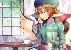 Rule 34 | 1girl, animal, animal ear fluff, animal ears, beret, blush, book, breasts, brown hair, bug, butterfly, collared shirt, commentary request, commission, cup, dress shirt, feathered wings, green hat, green shirt, hair between eyes, hand up, hat, indoors, insect, kou hiyoyo, long sleeves, medium breasts, original, parted lips, puffy long sleeves, puffy sleeves, red eyes, saucer, shirt, sitting, skeb commission, solo, table, white wings, window, wings