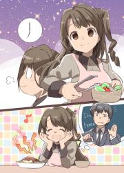 Rule 34 | 10s, 1boy, 1girl, ^ ^, ^o^, apron, black necktie, brown eyes, brown hair, clock, closed eyes, closed mouth, comic, commentary request, drill hair, english text, food, formal, hand up, head rest, husband and wife, idolmaster, idolmaster cinderella girls, imagining, long hair, long sleeves, looking at viewer, musical note, necktie, pink apron, producer (idolmaster), producer (idolmaster cinderella girls anime), salad, shimamura uzuki, side ponytail, smile, suzune kotora