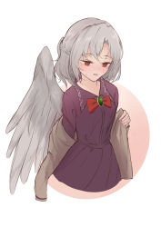 Rule 34 | 1girl, absurdres, angel wings, bow, bowtie, braid, cowboy shot, cropped legs, dress, feathered wings, highres, jacket, kishin sagume, looking down, lucky chicken, open clothes, open jacket, purple dress, removing jacket, simple background, single wing, touhou, white background, white wings, wings