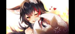 Rule 34 | 1girl, ;3, anger vein, animal, animal ear fluff, animal ears, bare shoulders, black hair, blush, braid, brown eyes, cat, commentary, deany, hair ornament, hairclip, heart, highres, holding, holding animal, holding cat, hololive, long hair, looking at animal, multicolored hair, one eye closed, ookami mio, ookami mio (street), open mouth, red hair, single braid, smile, streaked hair, taiga (ookami mio), upper body, virtual youtuber, wolf ears, wolf girl, x hair ornament