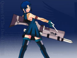 Rule 34 | 00s, 1girl, bare shoulders, boots, ciel (tsukihime), game cg, gloves, huge weapon, miniskirt, pile bunker, powered ciel, seventh holy scripture, skirt, solo, takeuchi takashi, tattoo, thighhighs, tsukihime, weapon, zettai ryouiki