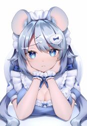 Rule 34 | 1girl, absurdres, aimai mocona, animal ear fluff, animal ears, blue eyes, bow, breasts, chair, cleavage, cleavage cutout, clothing cutout, commentary request, elbows on table, grey hair, hair bow, hair ornament, hairclip, hairpin, hands on own cheeks, hands on own face, heart-shaped ornament, highres, large breasts, long hair, looking at viewer, maid, maid headdress, mouse ears, multiple hairpins, neit ni sei, original, sitting, solo, table, upper body, virtual youtuber, white background, wrist cuffs