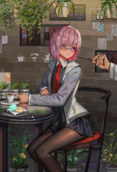 Rule 34 | 1boy, 1girl, black-framed eyewear, black pantyhose, cafe, chair, cup, fate/grand order, fate (series), food, formal, fujimaru ritsuka (male), glasses, grey jacket, hair over one eye, highres, jacket, legs together, light smile, long sleeves, looking at another, looking back, macaron, makeup, mascara, mash kyrielight, miniskirt, necktie, no symbol, note, out of frame, pantyhose, pink hair, plant, pocky, potted plant, purple eyes, purple skirt, saucer, short hair, sitting, sk tori, skirt, solo focus, table, tea, teacup