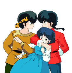 Rule 34 | 1girl, 2boys, black hair, braid, chinese clothes, cyocomi3, hibiki ryouga, looking at another, multiple boys, official style, ranma 1/2, saotome ranma, school uniform, short hair, simple background, single braid, tangzhuang, tendou akane, uniform, upper body, white background