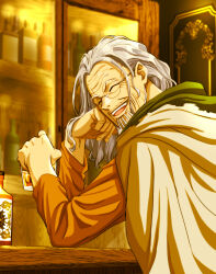 Rule 34 | 1boy, :d, alcohol, bottle, cabinet, cape, closed eyes, facing viewer, glasses, grey hair, highres, indoors, long hair, long sleeves, musasabiop, old, old man, one piece, open mouth, silvers rayleigh, smile, solo