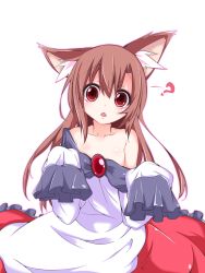 Rule 34 | 1girl, ?, age regression, animal ears, asn s, breasts, brooch, brown hair, child, clothes down, fang, highres, imaizumi kagerou, jewelry, long hair, looking at viewer, off shoulder, oversized clothes, red eyes, red skirt, sitting, skirt, skirt set, sleeves past wrists, small breasts, solo, tail, touhou, wide sleeves, wolf ears, wolf girl, wolf tail, aged down
