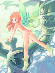 Rule 34 | 1girl, fairy, looking away, nude, original, plant, pointy ears, red eyes, red hair, solo, tougetsu gou, watering can, wings