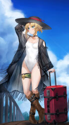 Rule 34 | 1girl, black hat, blonde hair, blue sky, blush, boots, breasts, collarbone, covered navel, fate/apocrypha, fate (series), full body, green eyes, hat, highleg, highleg swimsuit, highres, knee boots, long hair, looking to the side, mordred (fate), mordred (fate/apocrypha), one-piece swimsuit, parted bangs, sidelocks, sky, small breasts, solo, suitcase, sun hat, swimsuit, tonee, variant set, white one-piece swimsuit