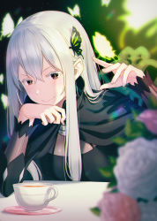 Rule 34 | 1girl, black dress, blurry, brown eyes, bug, butterfly, butterfly hair ornament, colored eyelashes, cup, depth of field, dress, echidna (re:zero), eyelashes, hair between eyes, hair ornament, head rest, highres, hyuuga azuri, insect, long hair, long sleeves, looking at viewer, pointy ears, re:zero kara hajimeru isekai seikatsu, silver hair, smile, solo, teacup