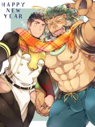 Rule 34 | 2boys, abs, animal ears, arsalan (tokyo houkago summoners), bara, bare pectorals, beard, black bodysuit, black hair, blush, bodysuit, brown fur, bulge, chest hair, closed eyes, clothing cutout, couple, facial hair, fangs, fingernails, furry, furry male, furry with non-furry, green hair, halo, heads together, highres, holding hands, interlocked fingers, interspecies, large pectorals, lion boy, lion ears, male focus, medium hair, multiple boys, muscular, navel, nipples, open mouth, orange scarf, pectoral docking, pectoral press, pectorals, pelvic curtain, scarf, shared clothes, shared scarf, sharp fingernails, short hair, skin tight, stubble, thick thighs, thigh cutout, thighs, tight clothes, tokyo houkago summoners, wafu (youzora samo18), yaoi, yellow eyes, zabaniyya (housamo)
