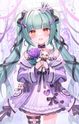 Rule 34 | 1girl, akabane (zebrasmise), bare shoulders, black bow, black collar, black ribbon, blush, bow, buttons, collar, cowboy shot, crown, dress, fang, flower, frilled dress, frills, green hair, hair ornament, hair ribbon, heart, heart button, heart hair ornament, heart o-ring, highres, holding, holding stuffed toy, jacket, long hair, long sleeves, mahoroba, mini crown, nemori petty, o-ring, o-ring thigh strap, open clothes, open jacket, orange eyes, purple flower, purple jacket, purple nails, ribbon, skin fang, solo, stuffed animal, stuffed toy, teddy bear, thigh strap, twintails, very long hair, virtual youtuber, white dress, wide sleeves, x hair ornament