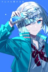 Rule 34 | 1girl, arm up, blue background, blue eyes, bow, bowtie, buttons, closed mouth, collared shirt, commentary request, diagonal-striped bow, diagonal-striped bowtie, diagonal-striped clothes, fingernails, grey hair, highres, hinomori shiho, holding, jacket, long sleeves, mona0101, one eye closed, open clothes, open collar, open jacket, project sekai, ramune, shirt, short hair, smile, solo, striped clothes, translation request, upper body, white shirt, zipper