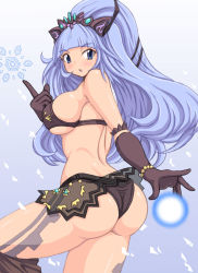 Rule 34 | 1girl, ass, bare shoulders, bikini, bikini top only, black gloves, black panties, blue eyes, blue hair, blush, breasts, final fantasy, final fantasy type-0, from behind, gloves, gradient background, leg warmers, long hair, looking at viewer, looking back, matching hair/eyes, miniskirt, open mouth, panties, parted lips, shiny skin, shiva (final fantasy), skirt, snowflakes, solo, swimsuit, tattoo, underwear