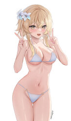 1girl absurdres bare_shoulders bikini blonde_hair blush breasts cleavage collarbone dokimaru double_v fingernails flower genshin_impact hair_flower hair_ornament highres large_breasts looking_at_viewer lumine_(genshin_impact) medium_hair nail_polish navel open_mouth sidelocks smile solo swimsuit thighs v white_bikini yellow_eyes