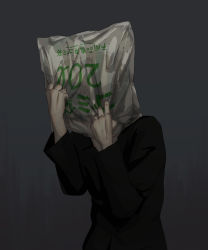 Rule 34 | 1other, absurdres, avogado6, bag over head, black shirt, commentary, grey background, hands up, highres, long sleeves, original, shirt, solo, upper body