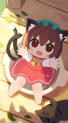 Rule 34 | 1girl, animal ears, barefoot, bow, bowtie, brown eyes, brown hair, cat, cat ears, cat tail, chen, earrings, fang, full body, green hat, hat, highres, jewelry, leaf, long sleeves, mob cap, multiple tails, nekomata, nikuq-patata, outdoors, outstretched arms, red skirt, red vest, short hair, single earring, sitting, skirt, tail, touhou, two tails, vest, yellow bow, yellow bowtie