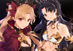 Rule 34 | 2girls, bare shoulders, between breasts, black background, black hair, blonde hair, bow, breasts, bridal gauntlets, cape, choker, cleavage, cloak, closed mouth, collarbone, crown, detached collar, detached sleeves, dual persona, earrings, elbow gloves, ereshkigal (fate), fate/grand order, fate (series), fingerless gloves, gloves, hair bow, hair ribbon, hand on own hip, hood, hooded cloak, hoodie, ishtar (fate), jewelry, lips, long hair, looking at viewer, medium breasts, midriff, multiple girls, navel, red eyes, ribbon, simple background, single elbow glove, skull, smile, spine, strapless, tohsaka rin, tube top, twintails, two side up, yd (orange maru)