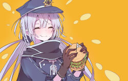 Rule 34 | 1girl, blush, burger, chewing, closed eyes, comic, commentary, duel monster, eating, food, gloves, grey hair, hair between eyes, hat, highres, holding, holding food, hungry burger, japanese flag, long hair, long sleeves, mini flag, mosui (kori can), scarf, sky striker ace - roze, upper body, yu-gi-oh!