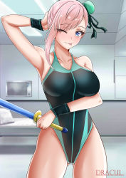 Rule 34 | 1girl, absurdres, armpits, asymmetrical hair, black one-piece swimsuit, blue eyes, bun cover, competition swimsuit, drac, fate/grand order, fate (series), hair bun, hair ribbon, highleg, highleg swimsuit, highres, long hair, looking at viewer, medium hair, miyamoto musashi (fate), miyamoto musashi (fate/grand order), miyamoto musashi (swimsuit berserker) (fate), miyamoto musashi (swimsuit berserker) (first ascension) (fate), one-piece swimsuit, pink hair, pixiv fate/grand order contest 1, presenting armpit, ribbon, single hair bun, solo, sweatband, swept bangs, swimsuit, sword, tongue, tongue out, weapon, wristband